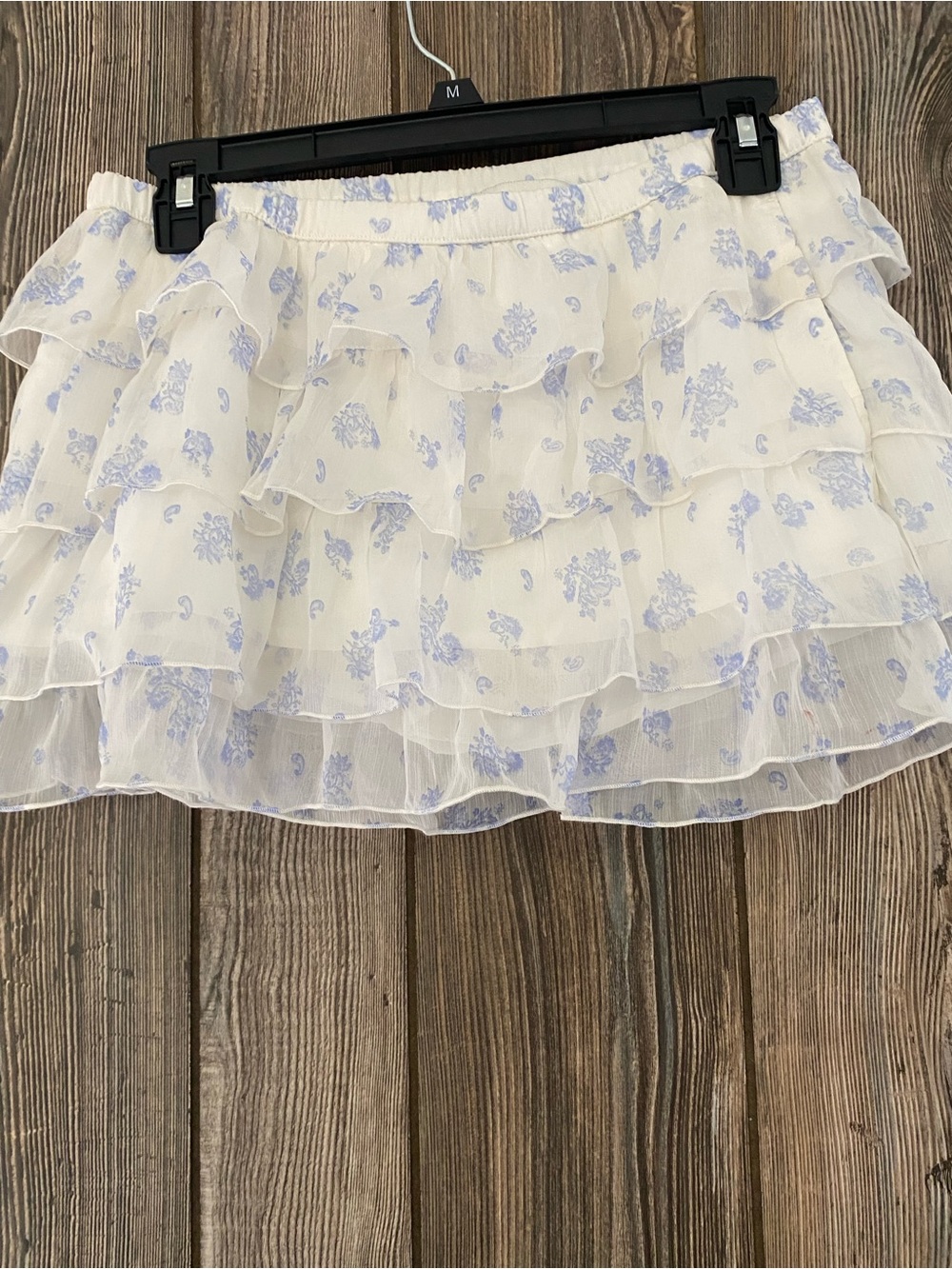 Hollister White Mini Skirt with Light Blue Floral Ruffles